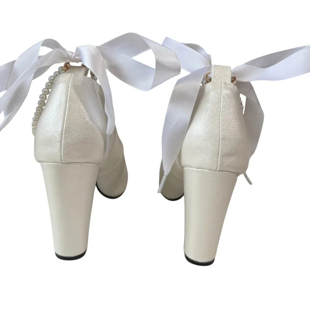 Bridal Pearl Bow Block Heel Pumps Ivory Shimmer Pointed Toe Wedding Shoes SZ 38